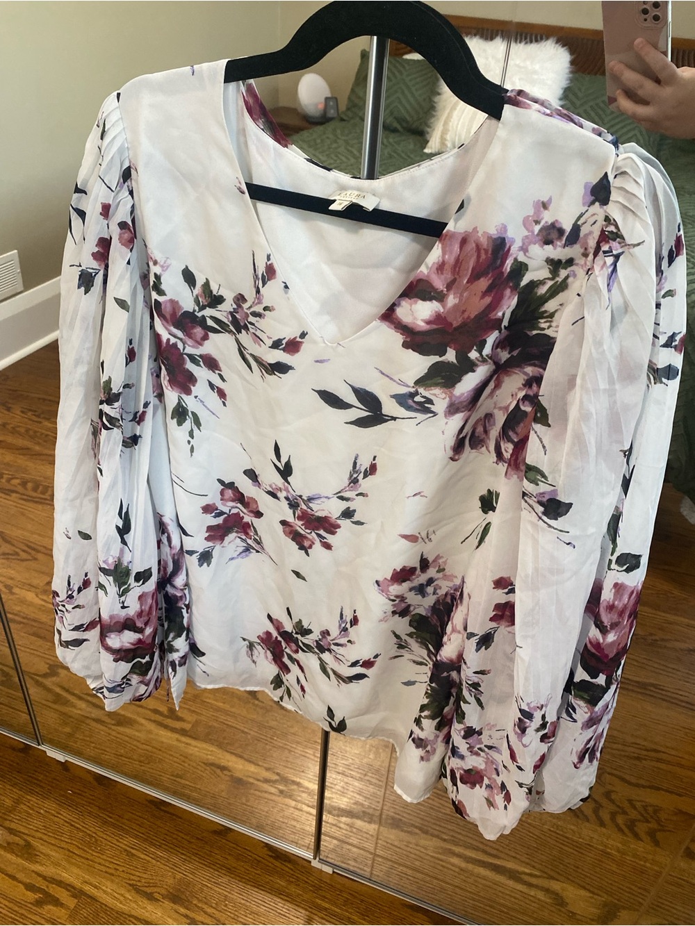 Laura Floral V-Neck Long Sleeve Blouse - White with Purple Rose Print